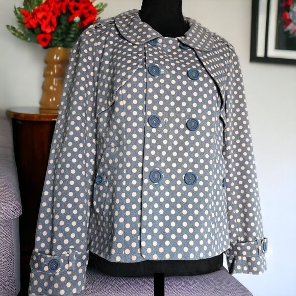 Deep Or Shallow Jackets & Blazers - NWOT DEEP OR SHALLOW ( L ) Gray/Blue and Creme Dots Dble Breasted Blazer